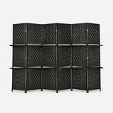 6 Panel Folding Weave Fiber Room Divider with 2 Display Shelves -Black