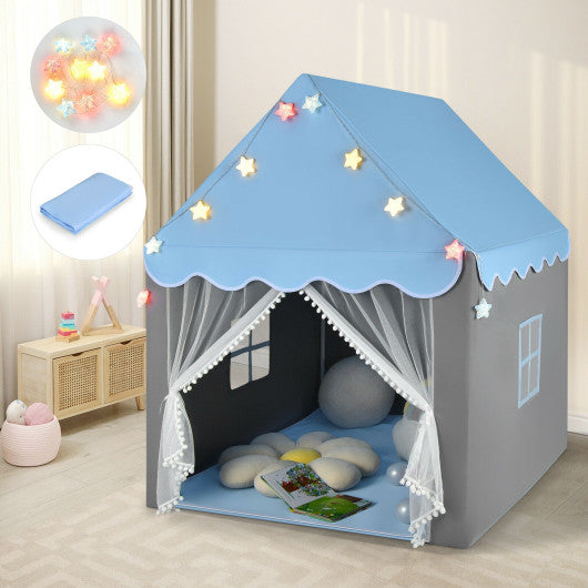 Kids Playhouse Tent with Star Lights and Mat-Blue