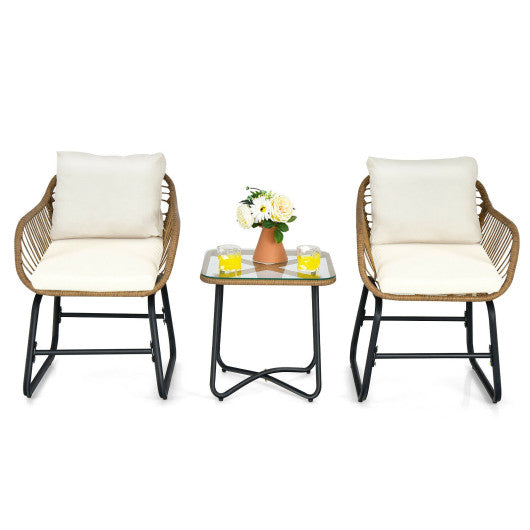 3-Piece Patio Bistro Set with 2 Rattan Chairs and Square Glass Coffee Table-White