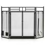 3-Panel Folding Wrought Iron Fireplace Screen with Doors and 4 Pieces Tools Set-Black
