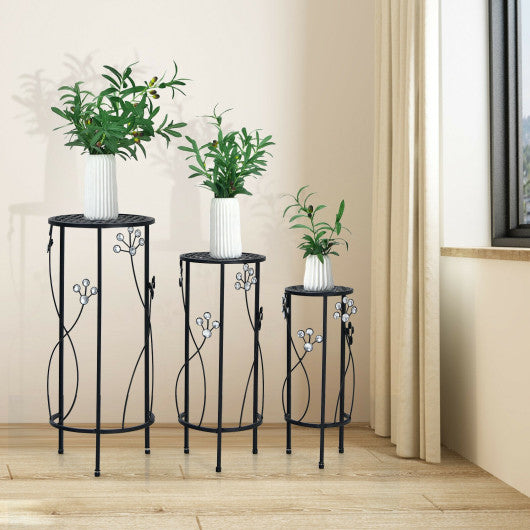 3 Pieces Metal Plant Stand Set with Crystal Floral Accents Round-Black