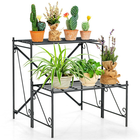 2-Tier Stair Style Metal Plant Stand for Indoor and Outdoor-Black