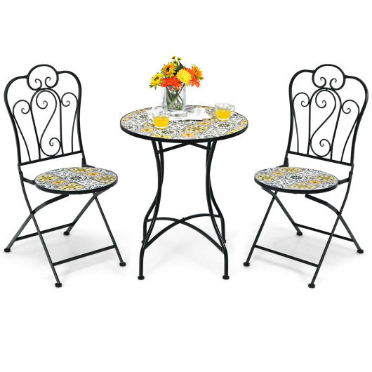 3 Pieces Patio Bistro Mosaic Design Set with Folding Chairs and Round Table