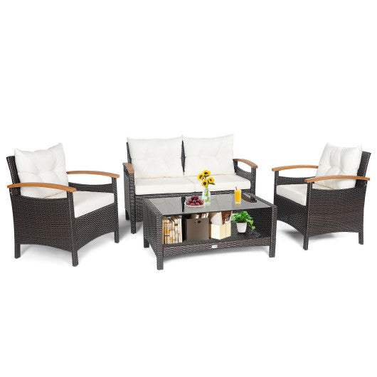 4 Pieces Patio Rattan Furniture Set with Cushioned Sofa and Storage Table-White