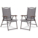 Set of 2 Patio Folding Sling Back Camping Deck Chairs-Gray