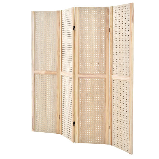 4-Panel Pegboard Display 5 Feet Tall Folding Privacy Screen for Craft Display Organized-Natural