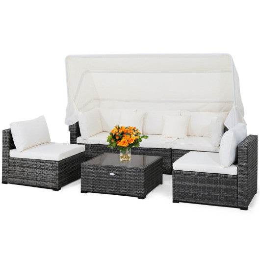 6 Pieces Patio Rattan Furniture Set with Retractable Canopy