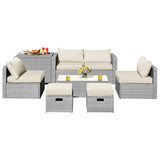 8 Pieces Patio Rattan Furniture Set with Storage Waterproof Cover and Cushion-Off White