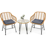 3 Pieces Rattan Furniture Set with Cushioned Chair Table-Gray