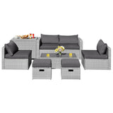 8 Pieces Patio Rattan Furniture Set with Storage Waterproof Cover and Cushion-Gray