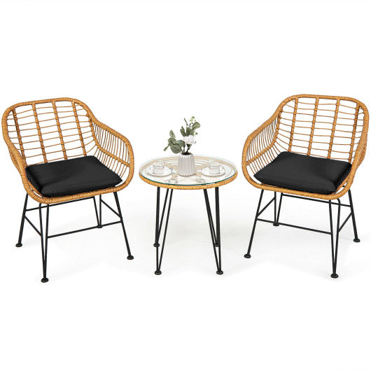 3 Pieces Rattan Furniture Set with Cushioned Chair Table-Black