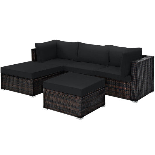 5 Pieces Patio Sectional Rattan Furniture Set with Ottoman Table-Black