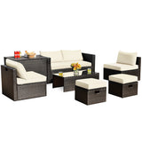 8 Pieces Patio Space-Saving Rattan Furniture Set with Storage Box and Waterproof Cover-White