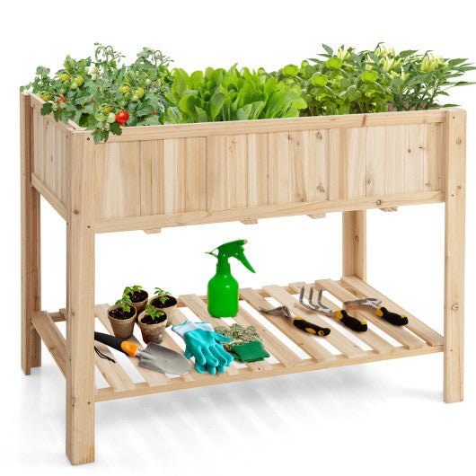 47 Inch Wooden Raised Garden Bed with Bottom Shelf and Bed Liner