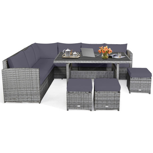 7 Pieces Patio Rattan Dining Furniture Sectional Sofa Set with Wicker Ottoman-Gray