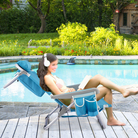 1 Piece Foldable Backpack Beach Chair with Cup Holder and Storage Pockets for Outdoor-Blue