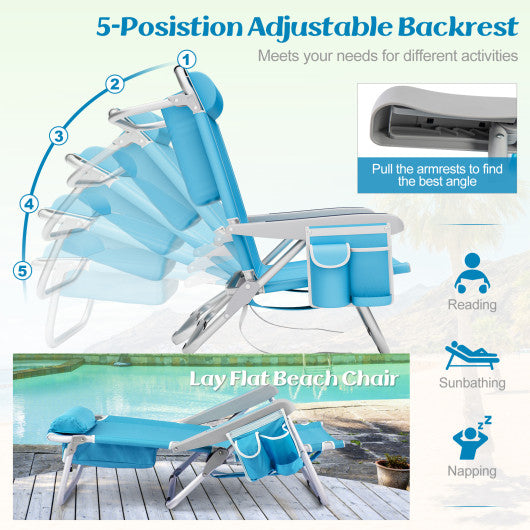 1 Piece Foldable Backpack Beach Chair with Cup Holder and Storage Pockets for Outdoor-Blue