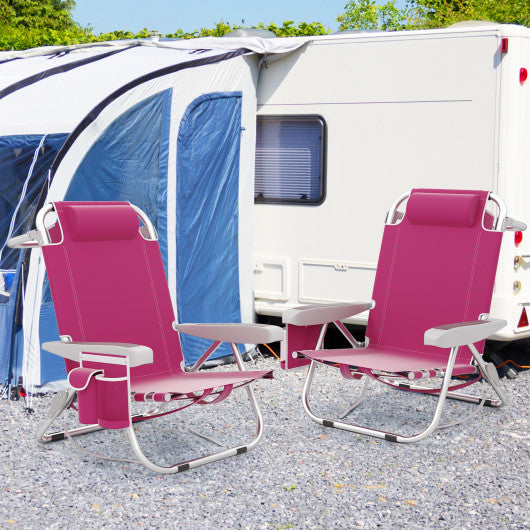 1 Piece Foldable Backpack Beach Chair with Cup Holder and Storage Pockets for Outdoor-Pink