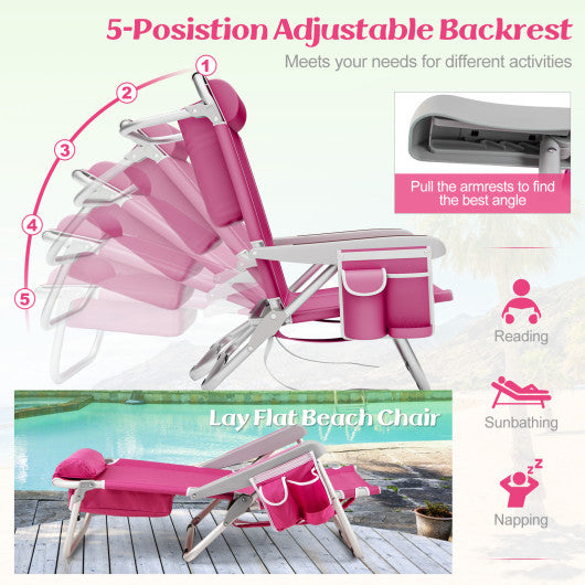 1 Piece Foldable Backpack Beach Chair with Cup Holder and Storage Pockets for Outdoor-Pink