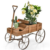 Wooden Wagon Plant Bed With Wheel for Garden Yard-Brown