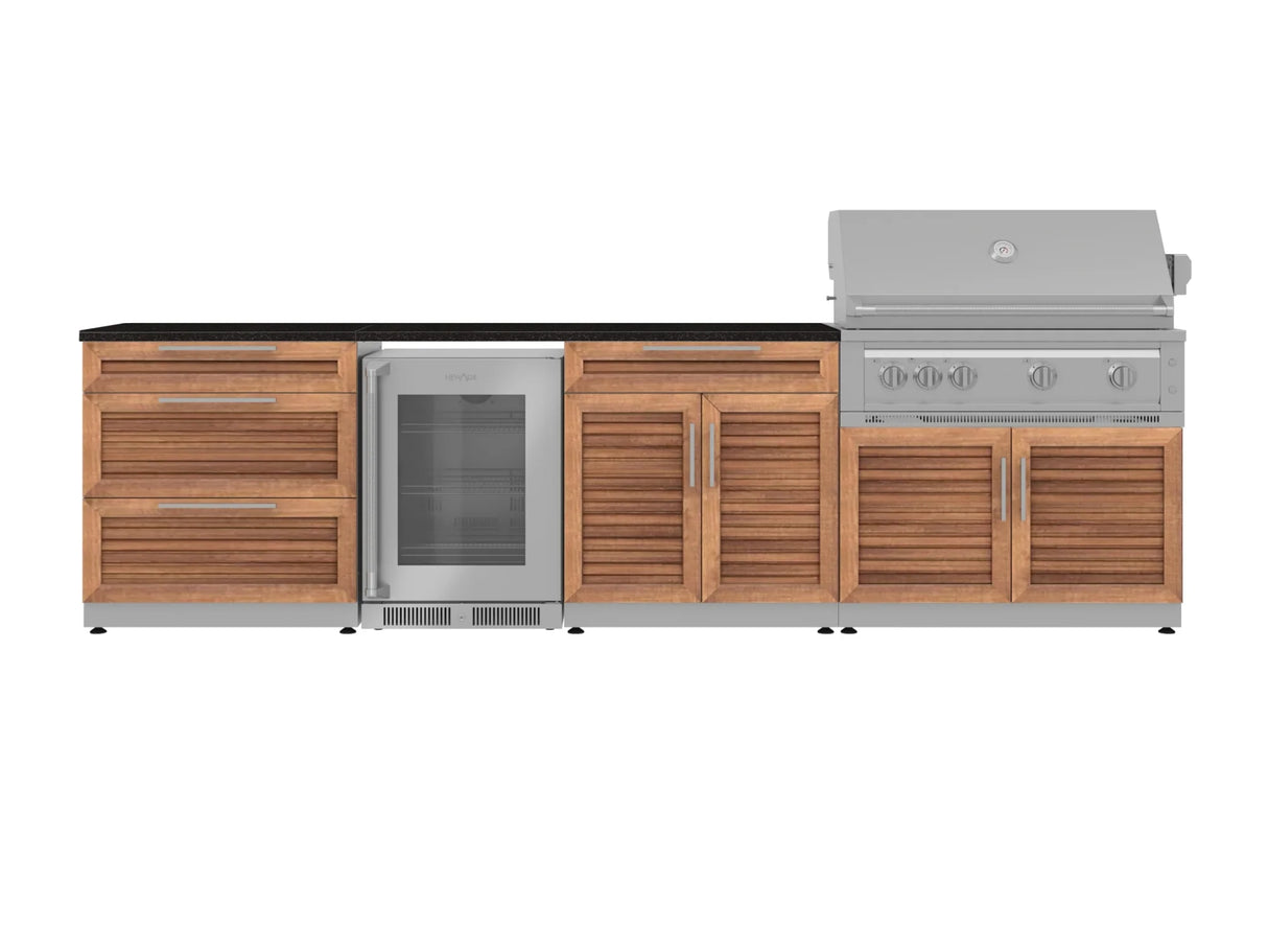 Outdoor Kitchen Stainless Steel 7 Piece Cabinet Set with 3-Drawer, Bar, Grill Cabinet, Platinum Grill, Countertop, and Glass Door Fridge