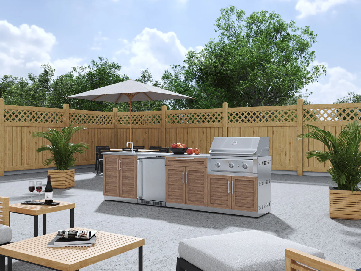 Outdoor Kitchen Stainless Steel 6 Piece Cabinet Set with Sink, Bar, Grill Cabinet, Performance Grill, Countertop and Stainless Steel Door Fridge