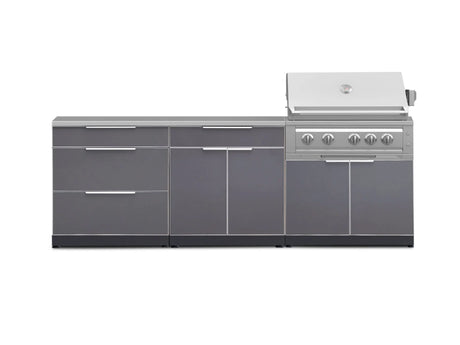 Outdoor Kitchen Aluminum 5 Piece Cabinet Set with 3 Drawer, Bar, Grill Cabinet, Platinum Grill and Countertop