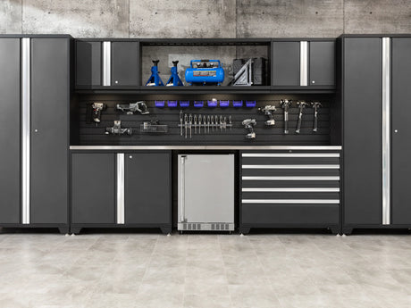 Pro Series 6 Piece Cabinet Set with Base, Wall Cabinet, Locker and Stainless Steel Door Fridge