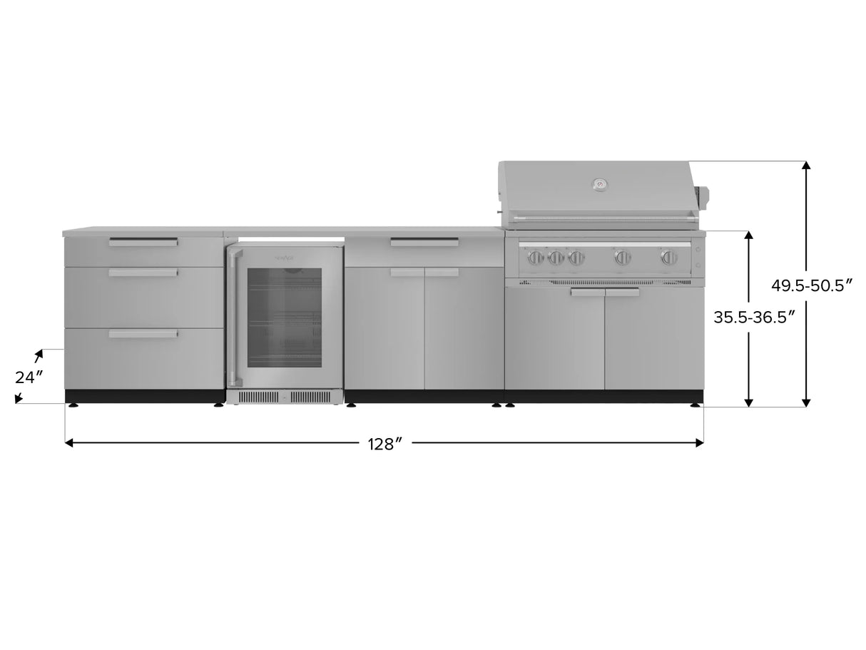 Outdoor Kitchen Stainless Steel 7 Piece Cabinet Set with 3-Drawer, Bar, Grill Cabinet, Platinum Grill, Countertop, and Glass Door Fridge