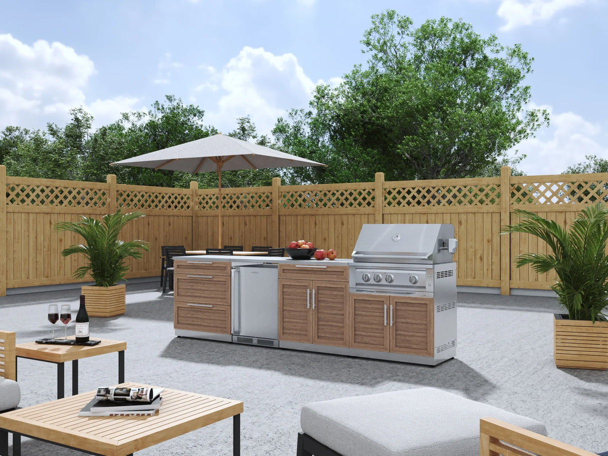 Outdoor Kitchen Stainless Steel 7 Piece Cabinet Set with 3-Drawer, Bar, Grill Cabinet, Platinum Grill, Countertop, and Stainless Steel Door Fridge