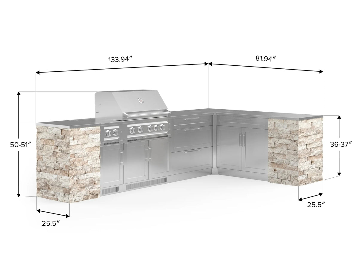 Outdoor Kitchen Signature Series 11 Piece L Shaped Cabinet Set with 3 Drawer, Bar, Dual Side Burner, Grill and Grill Cabinet