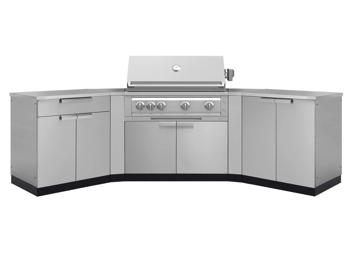 Outdoor Kitchen Stainless-Steel 7 Piece Cabinet Set with 2 Door, Bar, Corner, Grill Cabinet, Platinum Grill, and Countertops