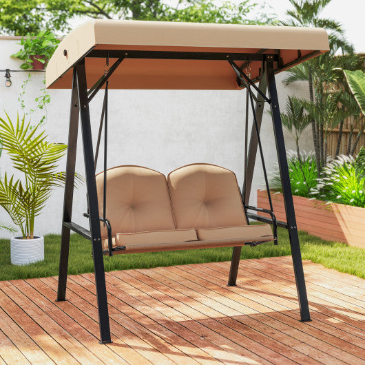 2-Person Outdoor Porch Swing with A-Shaped Metal Stand and Adjustable Canopy-Beige