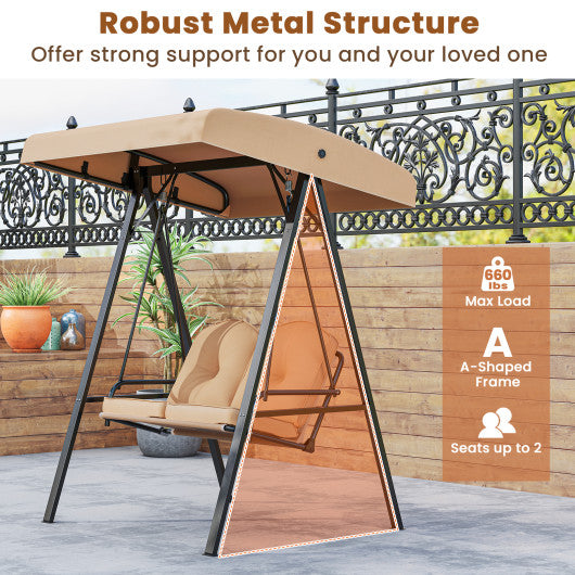 2-Person Outdoor Porch Swing with A-Shaped Metal Stand and Adjustable Canopy-Beige