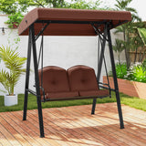 2-Person Outdoor Porch Swing with A-Shaped Metal Stand and Adjustable Canopy-Brown