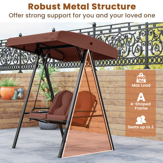 2-Person Outdoor Porch Swing with A-Shaped Metal Stand and Adjustable Canopy-Brown