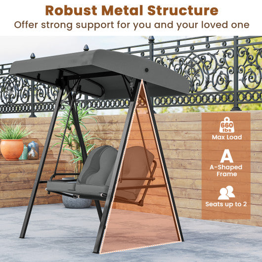 2-Person Outdoor Porch Swing with A-Shaped Metal Stand and Adjustable Canopy-Gray