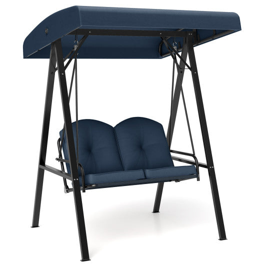 2-Person Outdoor Porch Swing with A-Shaped Metal Stand and Adjustable Canopy-Navy