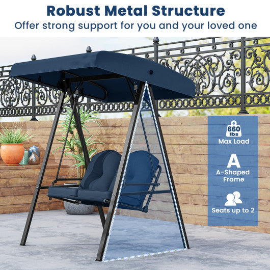 2-Person Outdoor Porch Swing with A-Shaped Metal Stand and Adjustable Canopy-Navy