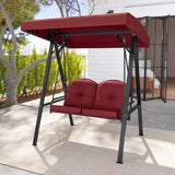 2-Person Outdoor Porch Swing with A-Shaped Metal Stand and Adjustable Canopy-Wine