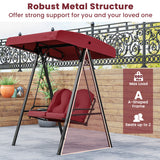 2-Person Outdoor Porch Swing with A-Shaped Metal Stand and Adjustable Canopy-Wine