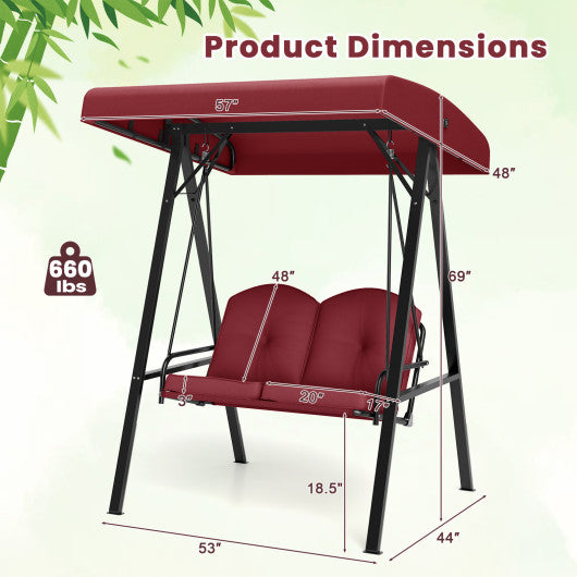 2-Person Outdoor Porch Swing with A-Shaped Metal Stand and Adjustable Canopy-Wine