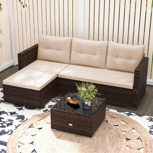 2-Piece Outdoor Wicker Furniture Set with Tempered Glass Coffee Table and Soft Cushions-Beige