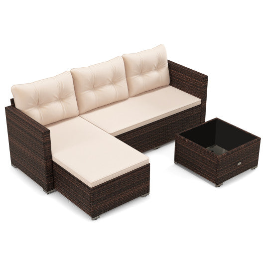 2-Piece Outdoor Wicker Furniture Set with Tempered Glass Coffee Table and Soft Cushions-Beige