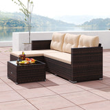 2-Piece Outdoor Wicker Furniture Set with Tempered Glass Coffee Table and Soft Cushions-Beige