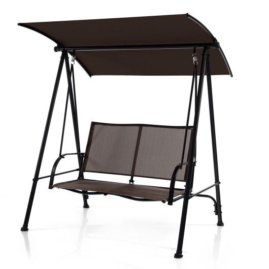 2-Seat Outdoor Canopy Swing with Comfortable Fabric Seat and Heavy-duty Metal Frame-Brown