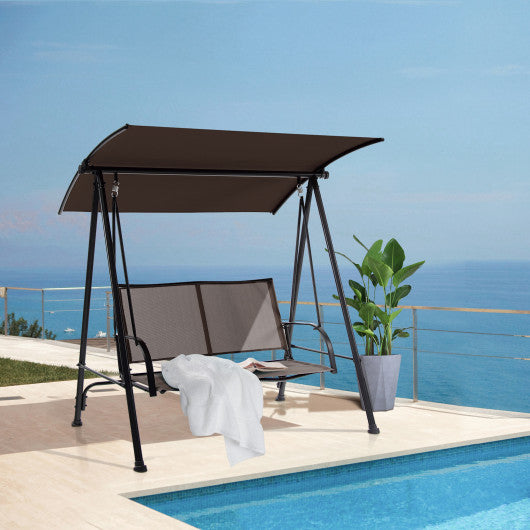 2-Seat Outdoor Canopy Swing with Comfortable Fabric Seat and Heavy-duty Metal Frame-Brown