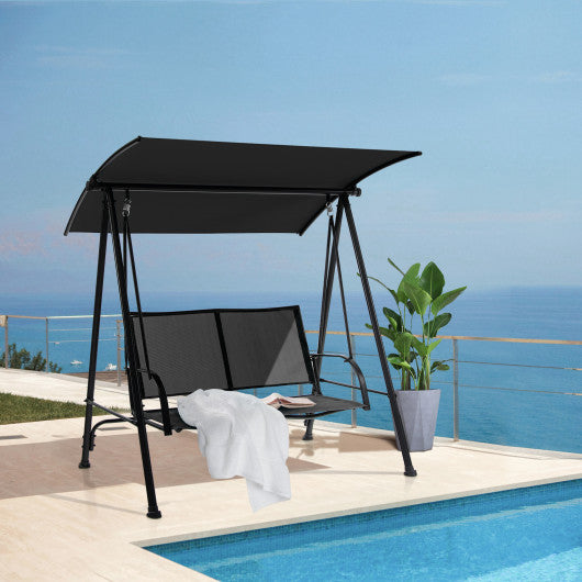 2-Seat Outdoor Canopy Swing with Comfortable Fabric Seat and Heavy-duty Metal Frame-Black