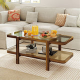 2-Tier Coffee Table with Storage and Tempered Glass Tabletop-Brown
