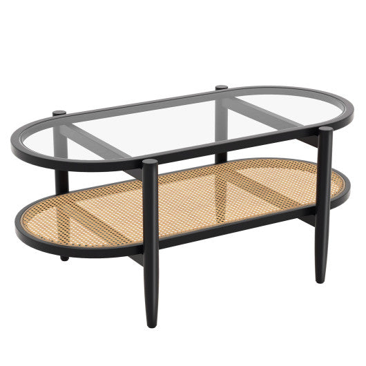 2-Tier Coffee Table with Tempered Glass Tabletop and Acacia Wood Frame-Black